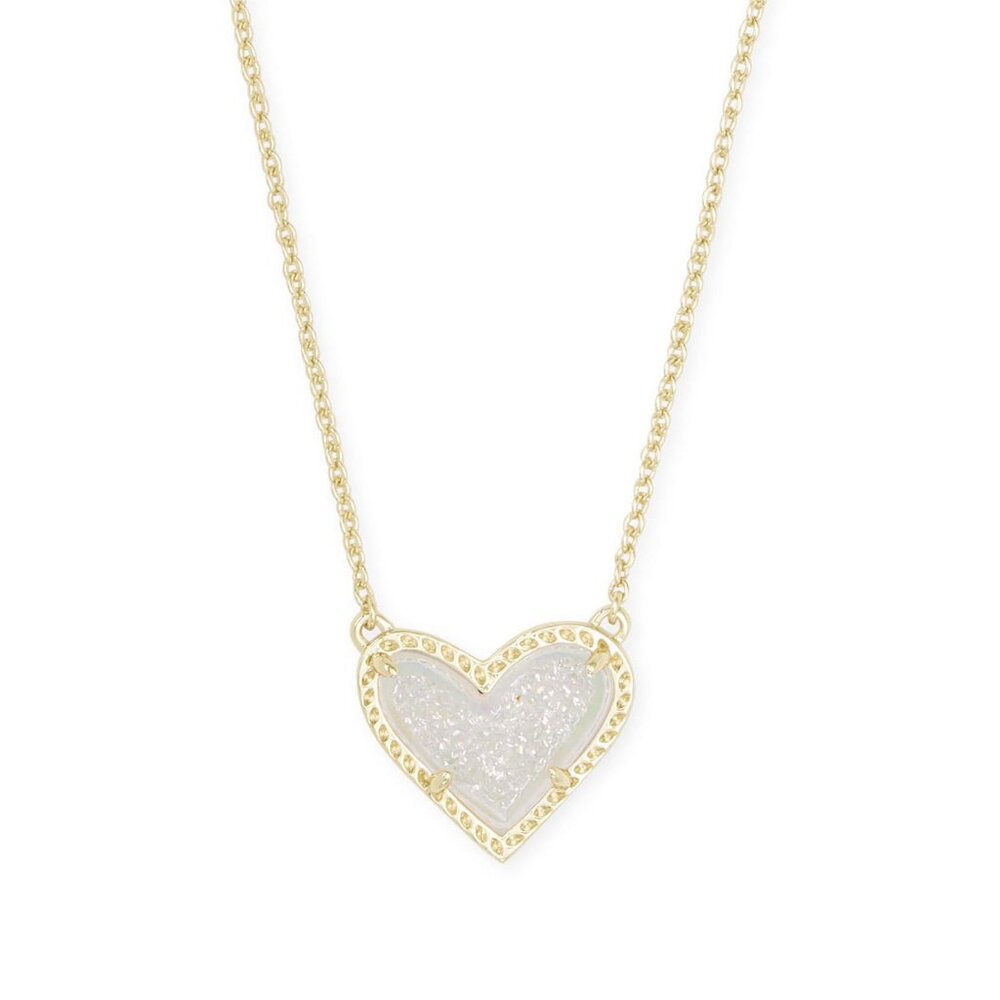 Gold Heart Druzy Necklace 14K Gold Plated Crystal Heart Pendant Necklace Dainty